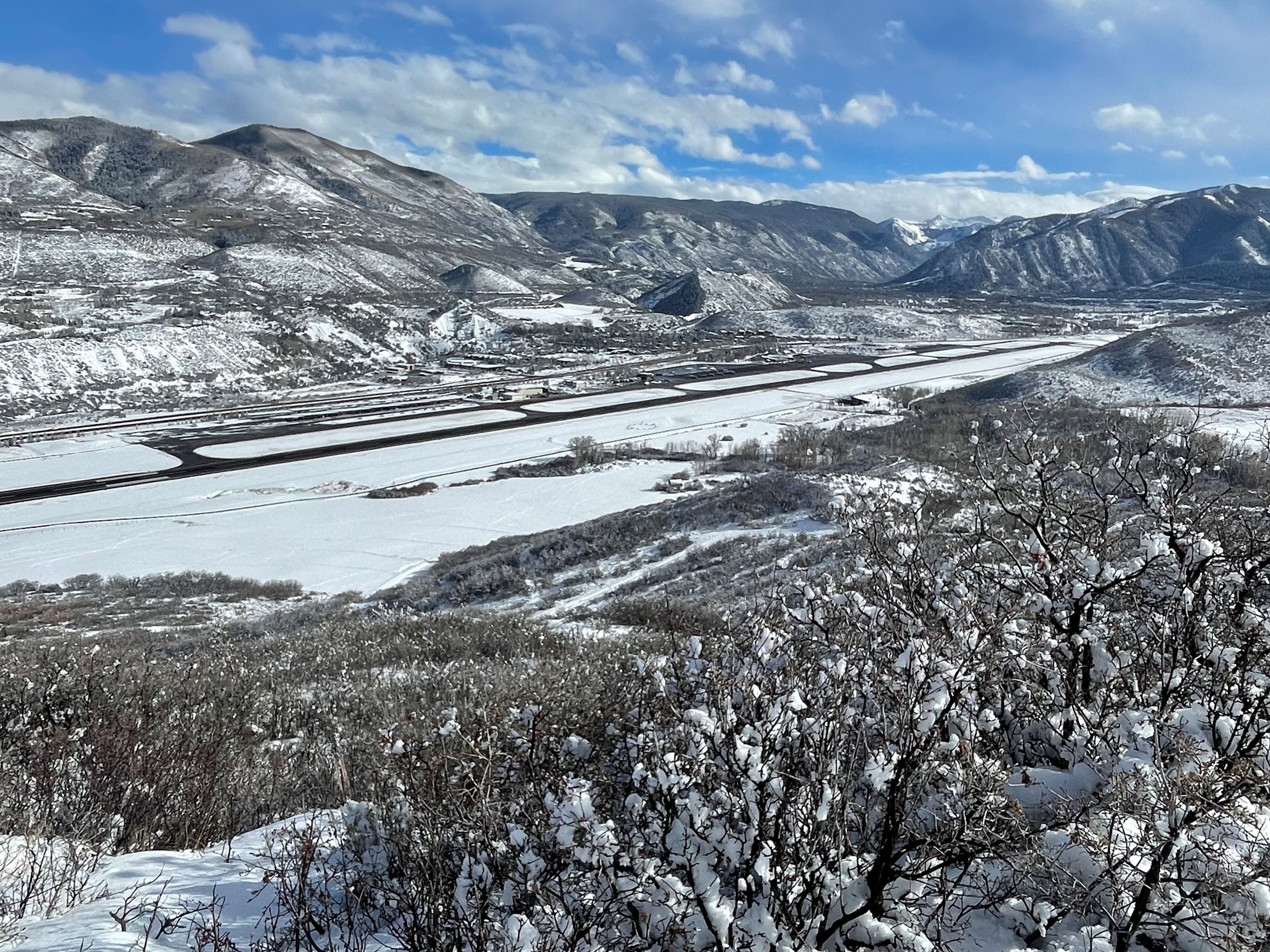 A snowy Aspen Airport from above