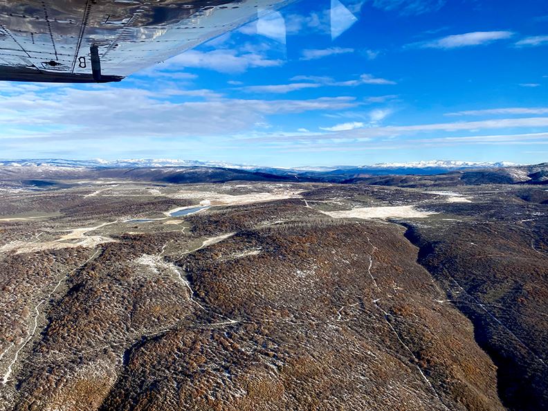 An aerial view of a large expanse of Three Meadows Ranch.