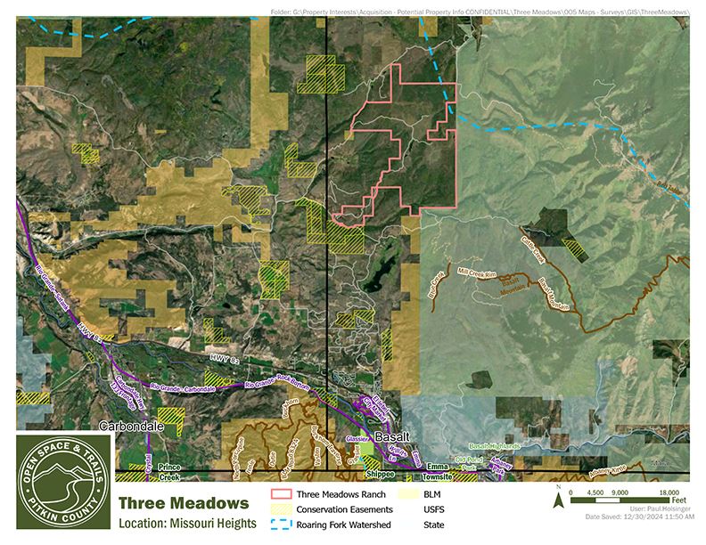 A map depicting the boundaries of Three Meadows Ranch north of Basalt, Colorado.