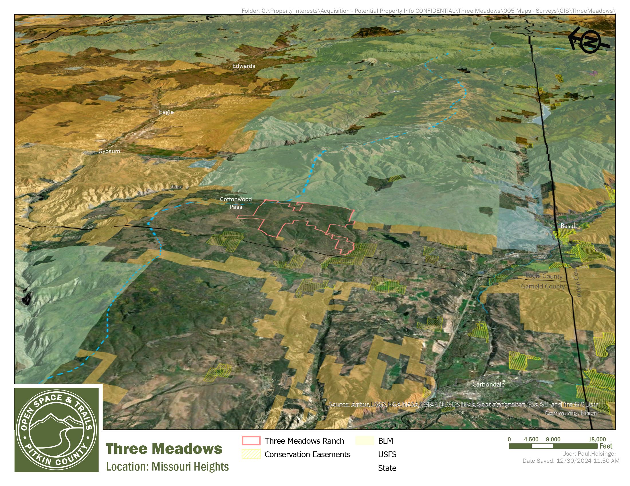 A map showing the location of Three Meadows Ranch within the context of the broader landscape.